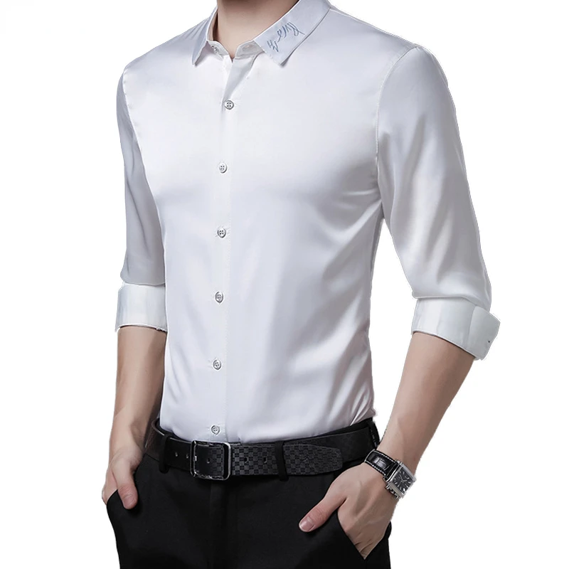 

Luxury Embroidery Silk Satin Shirt Men 2022 Brand New Slim Fit Long Sleeve Mens Dress Shirts Casual Wedding Dinner Tuxedo Shirt