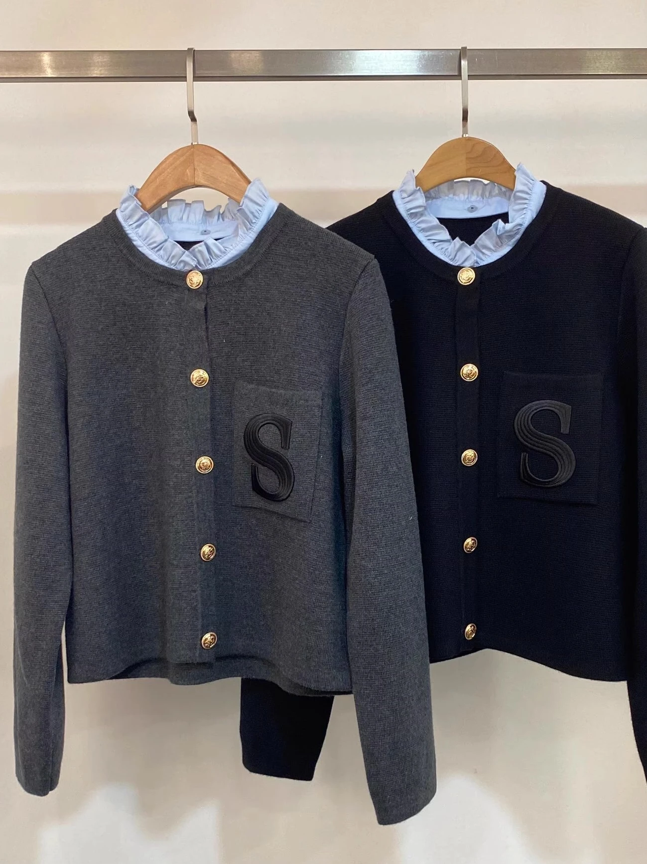 S-Home Knitted Sweater Vintage Grey Detachable Wood Grain Ruffle Long Sleeve round Neck Sweater Autumn Short Outerwear