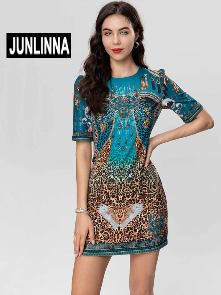 JUNLINNA Fashion Vintage Printing Dress 2023 Spring Women O-neck Short Sleeve Beading Mini Vestidos Party High Street Wear