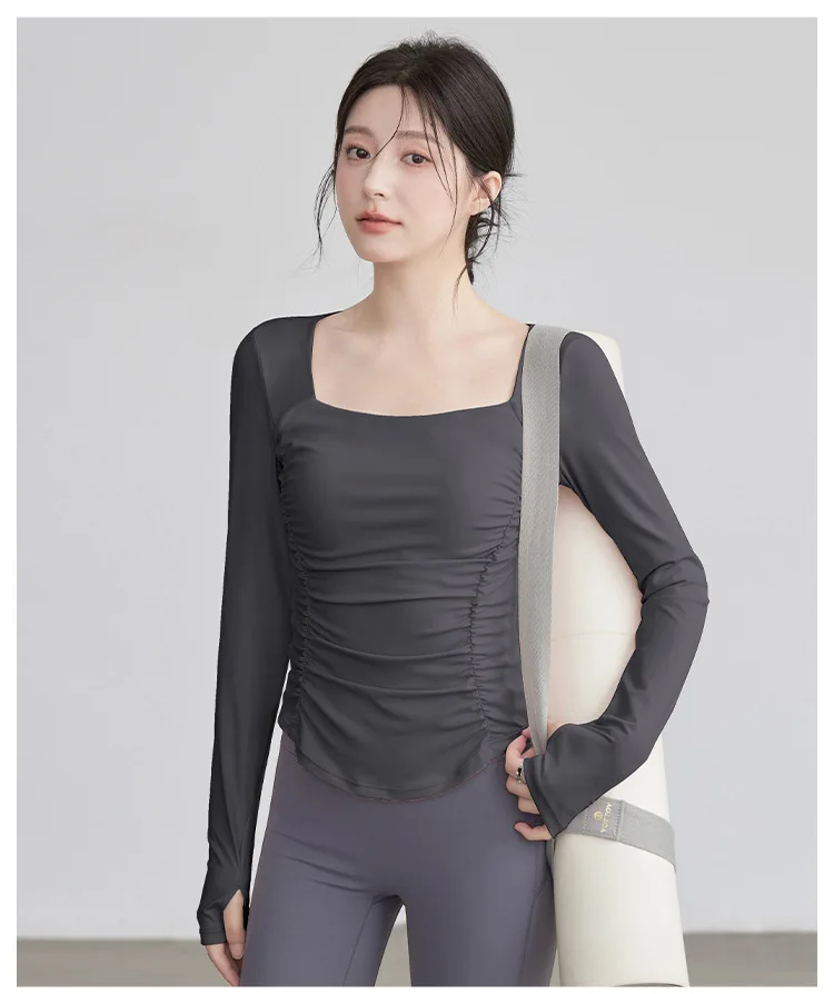 Neues Langarm-Fitness-Oberteil mit Rücken-Schlank-Effekt, Plissierter Taille, Elastischem Brustpolster, Yoga-Pilates-Fitness-Top, Schlankheitskleidung – Detail 7