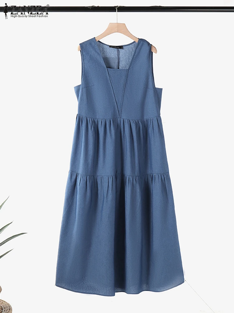 Stylish Ruffles Holiday Party Dresses 2024 ZANZEA Summer Dress Denim Blue Sundress Women Square Neck Sleeveless Holiday Robe