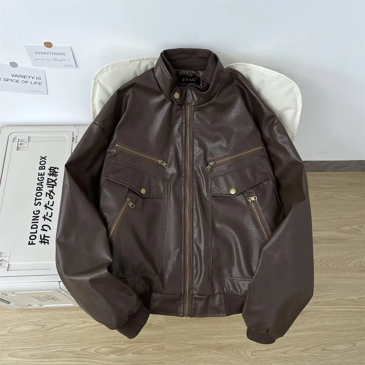 Mr. WH American Retro Litchi Pattern PU Leather Jacket Casual Motorcycle Style for Men And Women Multiple Pockets Slim Fit