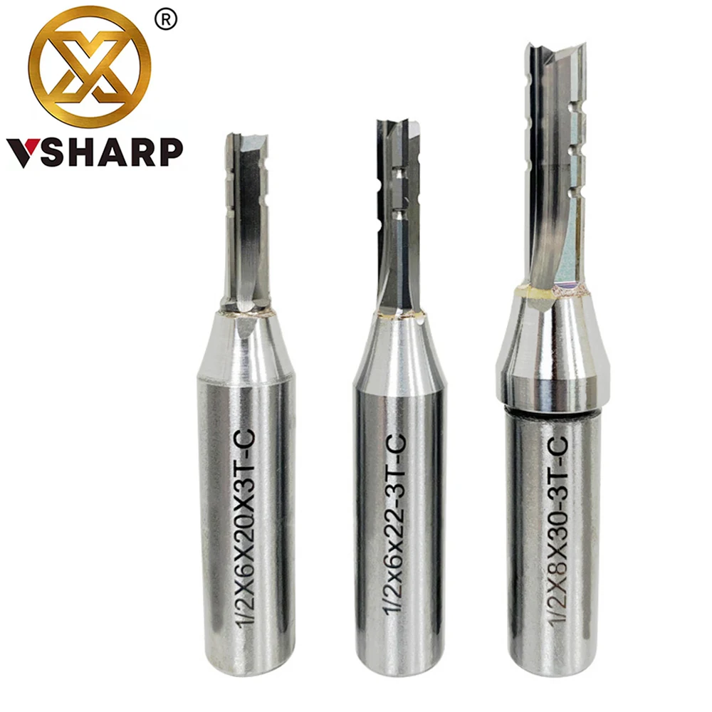 Vsharp 3 Flutes TCT Straight Cutting Bit 12.7mm Fast Slotting Cutting Carbide Alloy Woodworking Router Bit For Wood MDF Plywood