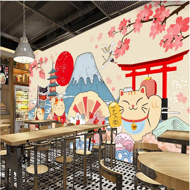 Hand-painted Cartoon Japanese Sushi Lucky Cat Industrial Decor Mural Wallpaper 3D Japanese Cuisine Sushi Restaurant Wall Paper