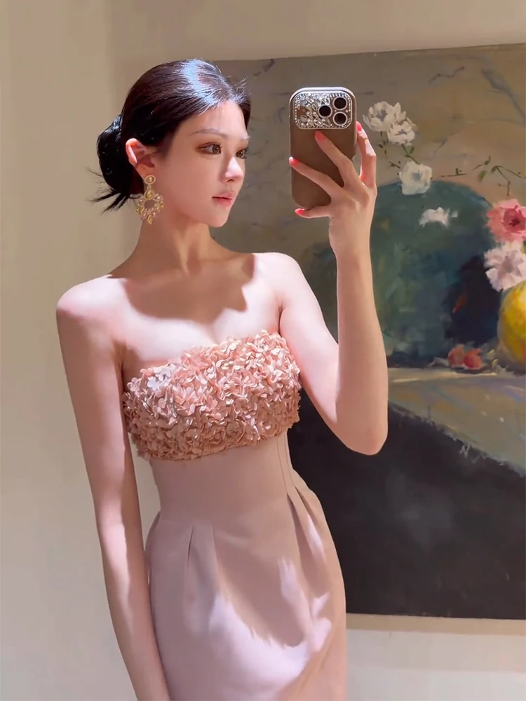 

SYJ Pure Desire Floral Petal Splice Tube Dress Women's Spring Slimming A-Line Dress French Style Bustier Wedding Dress