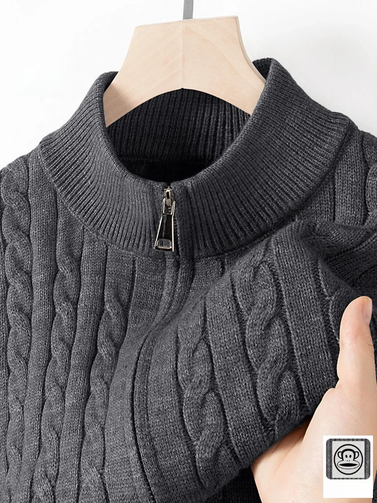 

M Knitted Sweater Twist Flower Double Zipper f High Collar Monkey Face Winter Warm Casual Sle Knitwear