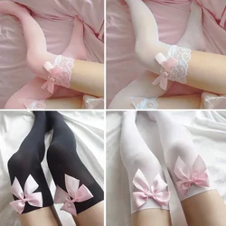 Big Pink Bowknot Lovely Thigh High Knee Sexy Stockings Girls Sweet Lace Over Knee Stockings Ladies Sexy Lingerie Stockings