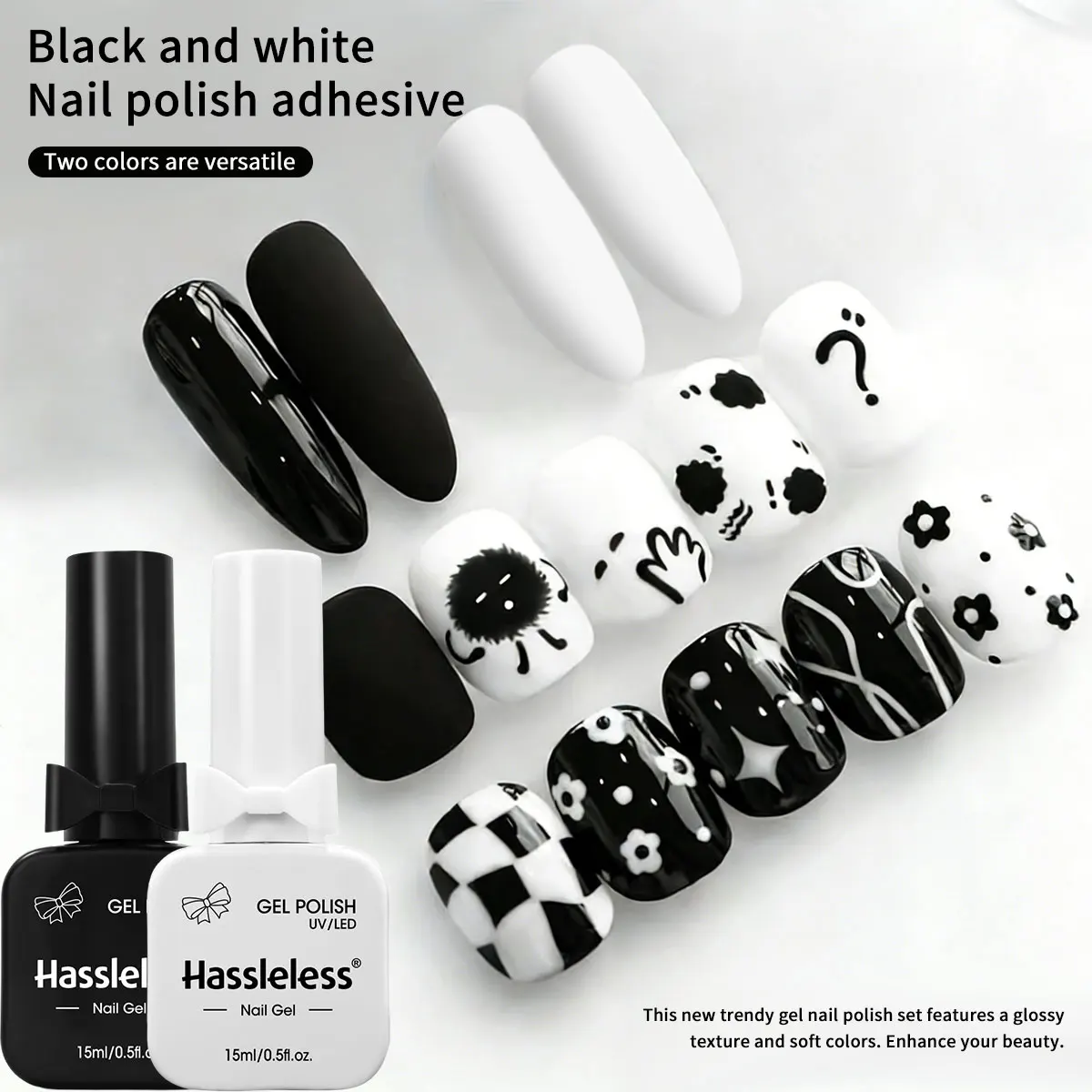 Hassleless 2-Pack Pure White + Pure Black Gel Nail Polish Set - Long-lasting, High-gloss/LED Lamp Cured, Easily Create Salon-Qua