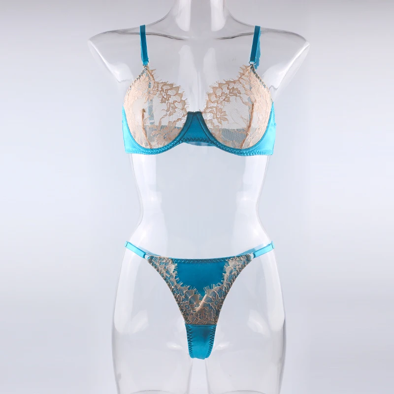 Sexy underwear lace patchwork with underwire summer single translucent bra thong suit