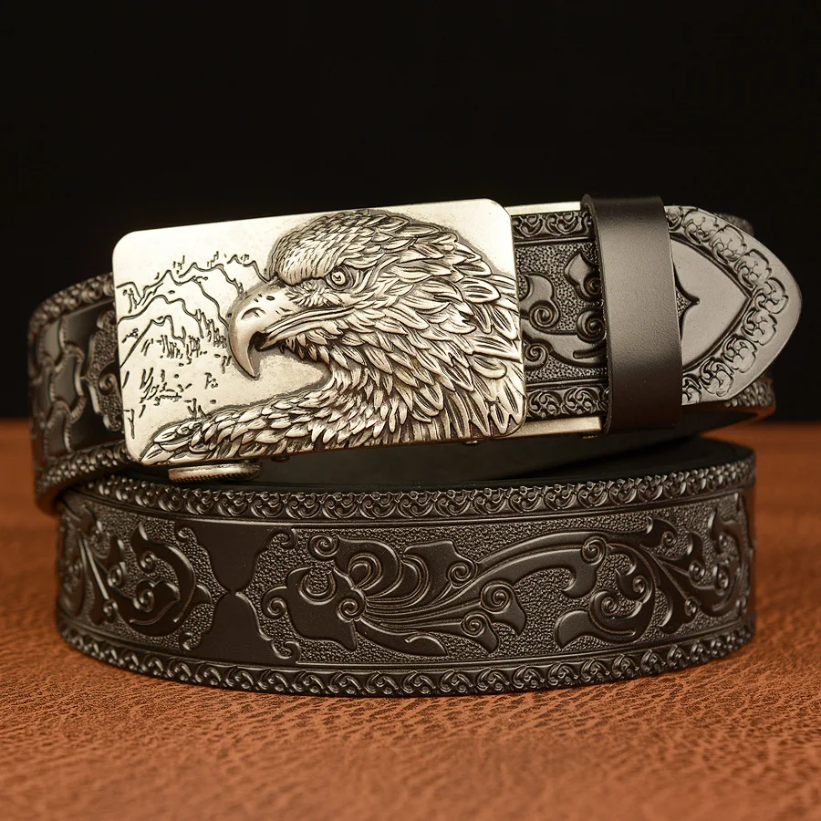 Men’s High Quality Eagle Design Alloy Buckle Leather Belt,Emboss Split Cow Leather Belt,Men Jeans&Casual Pants Accessories Must;