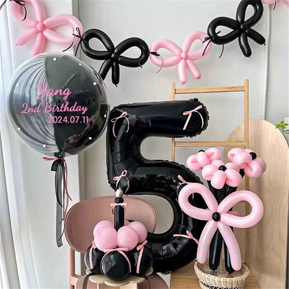 

45 Pieces Pink Latex Balloon Black Number Balloon Set for Girls Pink Butterfly Birthday Party, Anniversary Decoration (0-9)