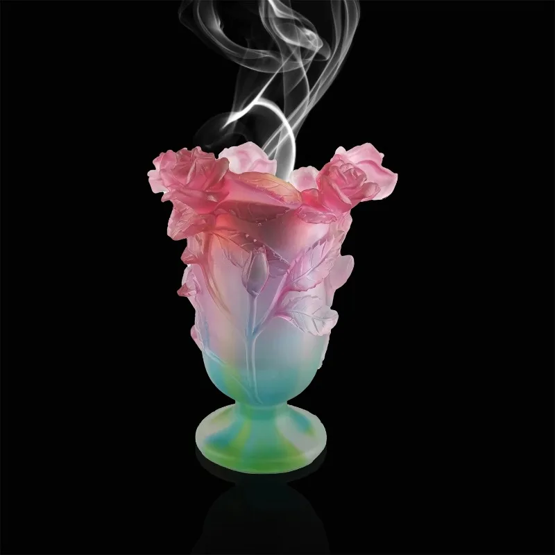 Factory supply open flame glaze can be customized pink rose mini crystal incense burner bakhoor design