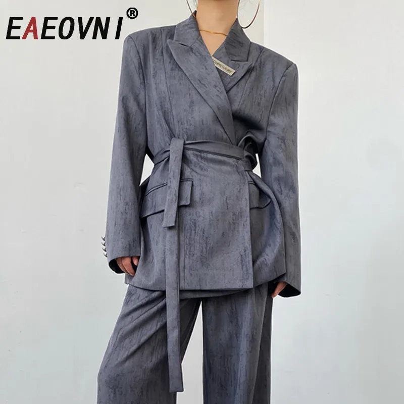 

EAEOVNI High Street Design Women's Blazer Coat Tie Dye Print Bandage Gathered Waist Jacket Fashion 2025 Autumn Winter New
