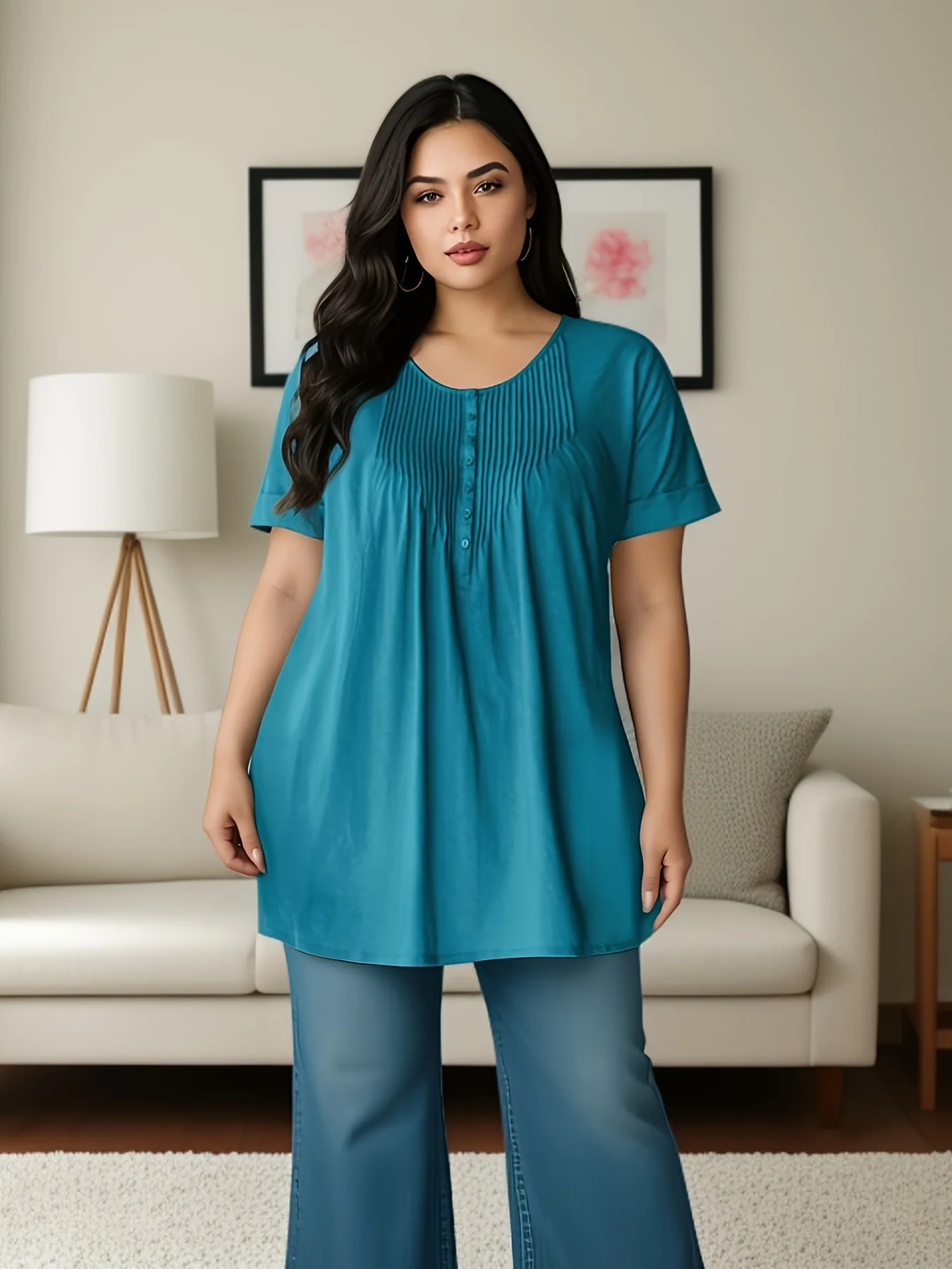 Plus Size Women\'s Blouse Casual Peacock Blue Pleated Single Breasted Short Sleeve Summer Loose O-Neck Top Ruched Blouse 2024