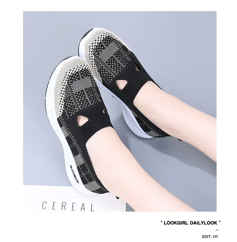 Damen-Slipper aus hohlem Netzstoff, atmungsaktiv, gestrickt, dicke Plattform, leicht, rutschfest, lässige Loafer für Mütter, Senioren, Outdoor – Detail 11