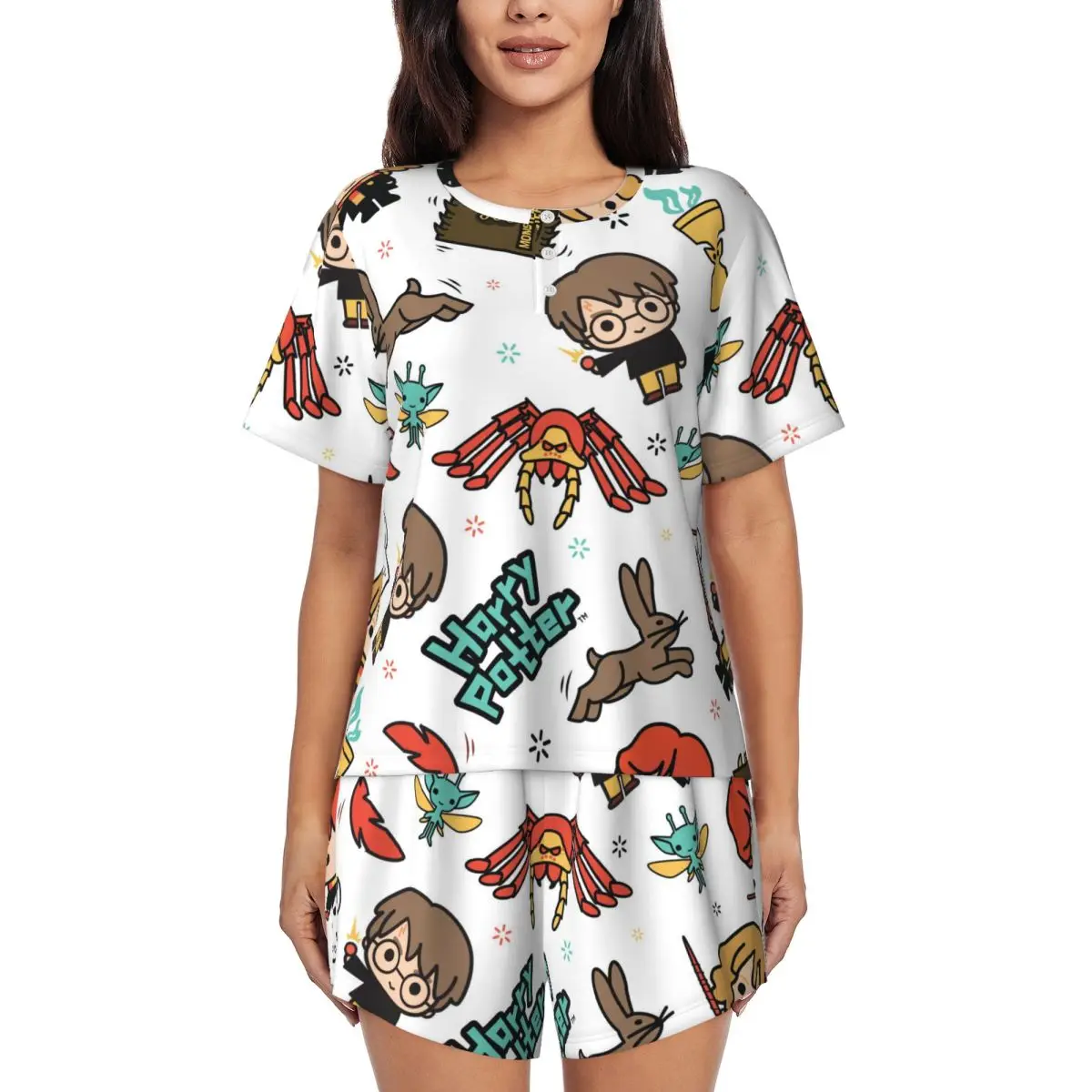 

Harrys Magic Adventure Movies Potters Pajamas Set for Women Short Sleeve Sleepwear Loungewear 2 Piece Pjs