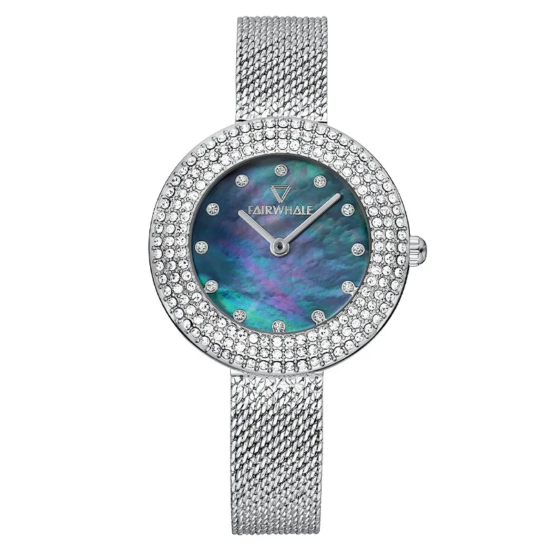 Ultra Thin Women's Starry Sky Quartz Watch with Diamond Studded Fashion Design and Round Steel Band Fold Clasp