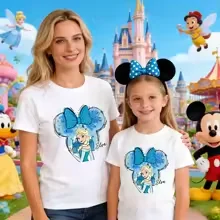 Camiseta Disney Frozen Elsa Mickey Ear Bow 2026, Camisetas Familiares Combinando Castelo de Gelo, Blusas de Manga Curta Azul Floco de Neve Mãe e Filha