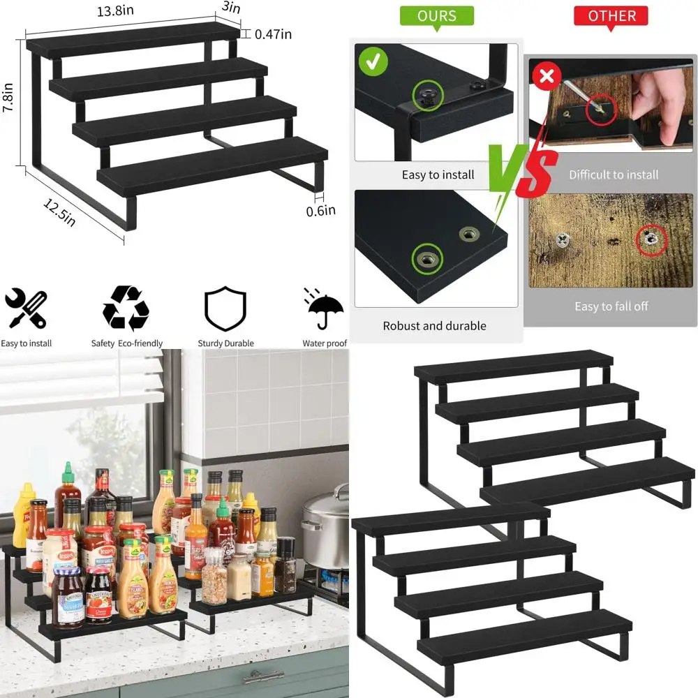 

4-Tier Wooden Candle Shelf Set, Rustic Black, 2-Pack, Perfect for Displaying Perfumes & Spices