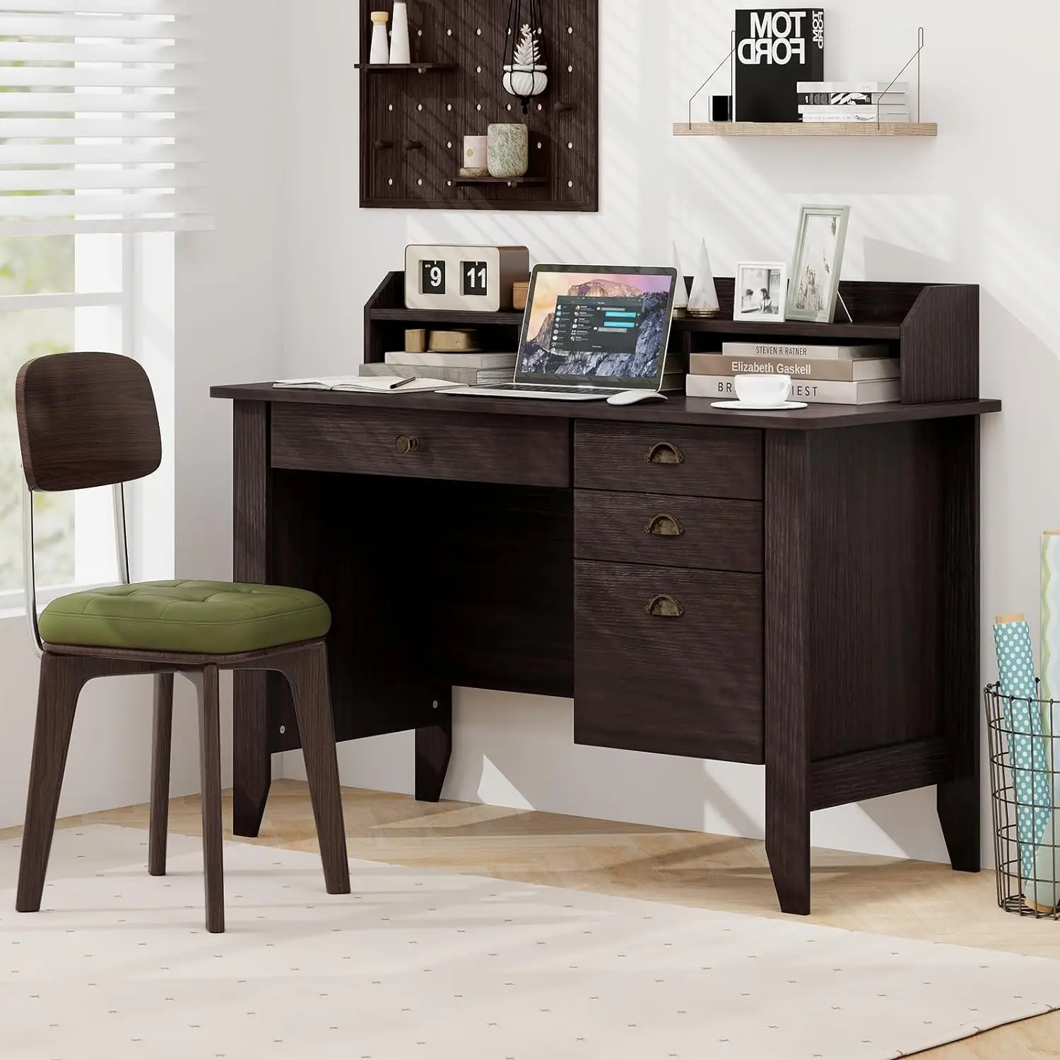 48"" Computer Desk With 4 Storage Drawers And Hutch Wood Executive Table For Pc Laptop