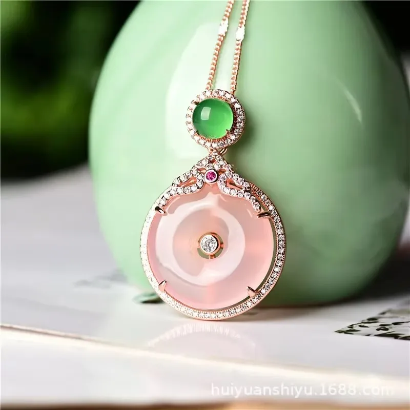 Natural Pink Chalcedony Hand Carved Safety Buckle Pendant Fashion Jewelry Men's and Women's Pink Agate Necklace