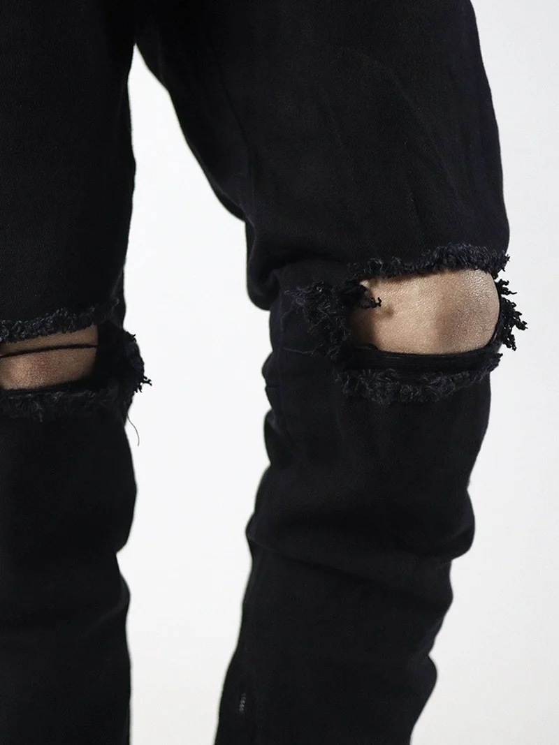 High Street Pants Zipper Straight Black Ripped Jeans Men Korean Fashion Full Length Denim Trousers Pantalones Vaqueros Hombre