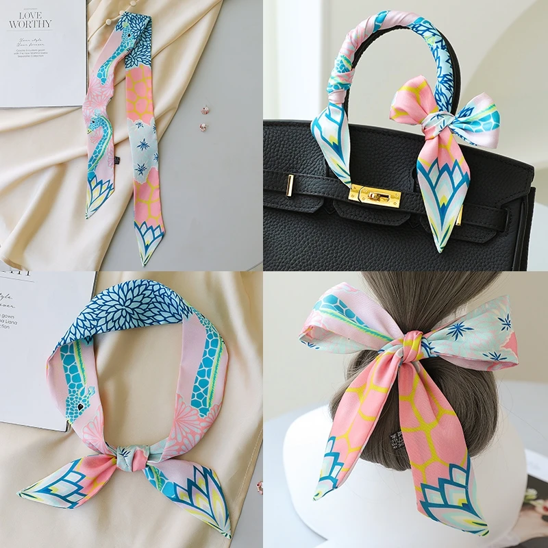 2022 Fashion New Giraffe Animal Pattern Hair Band Bag Satin Silk Scarf Women\'s Neck Hair Scarf Band Headwear Handbag Tie Ribbons