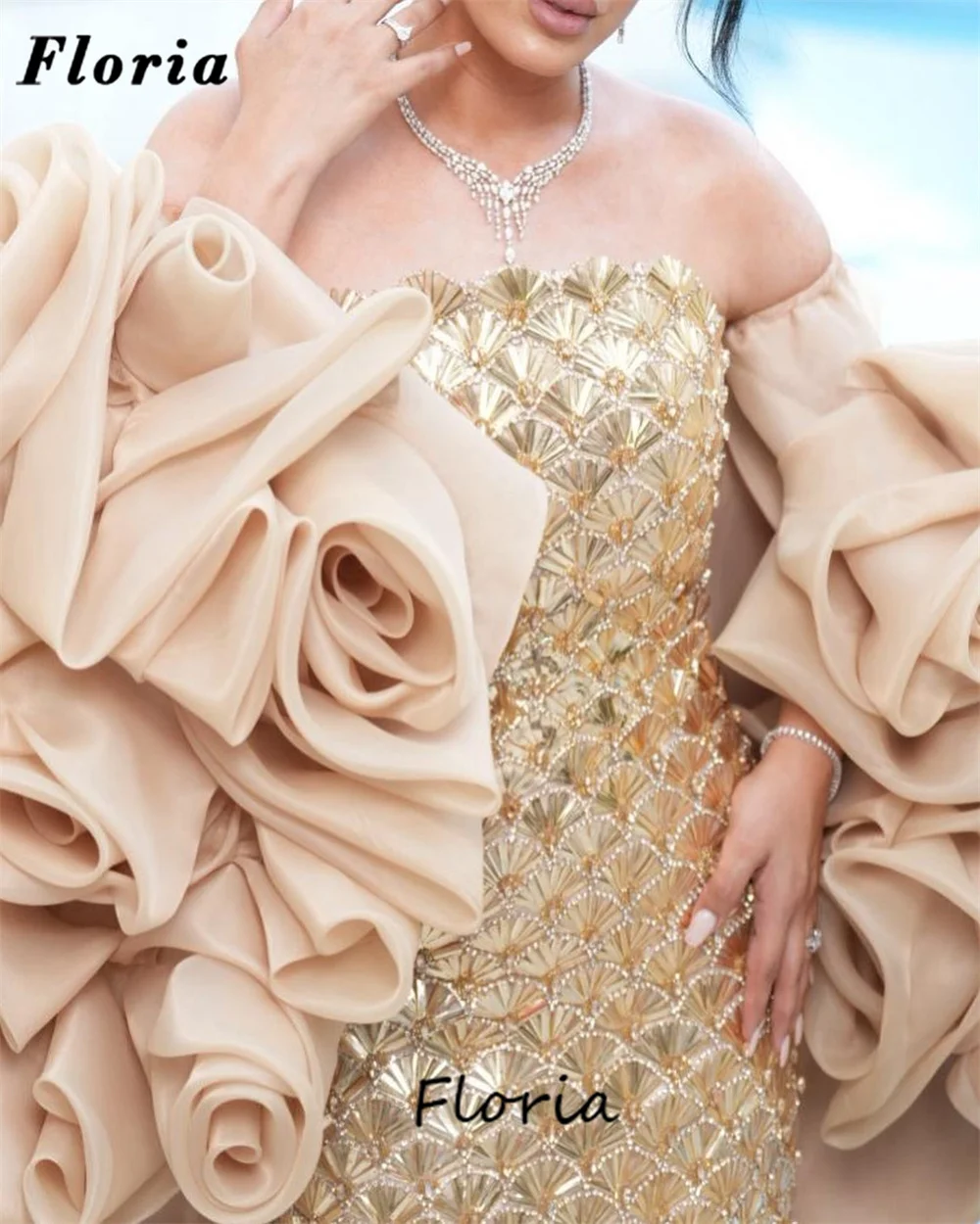 블링 블링 골드 페르시 연예인 드레스 프릴 어깨 아랍어 크리스탈 이브닝웨어 가운 웨딩 파티 드레스 맞춤형