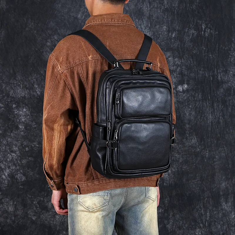 New Men\'s Leather Double Shoulder Baotou Layer Cowhide Backpack Leisure Travel Bag Business Computer Bag