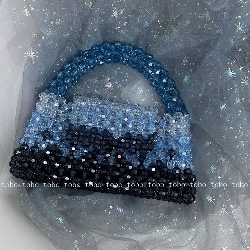 Gradient Blue Beaded Own Design Tote Bags for Women Customized Color Fashion Handbags 2023 Chain Handle Clutch Evening Bag