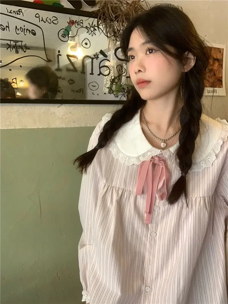 Loose Peter Pan Collar Striped Sweet Pink Lace-up Camisas Long Sleeve Women Shirts Tops Japan Style Chemise Femme Autumn