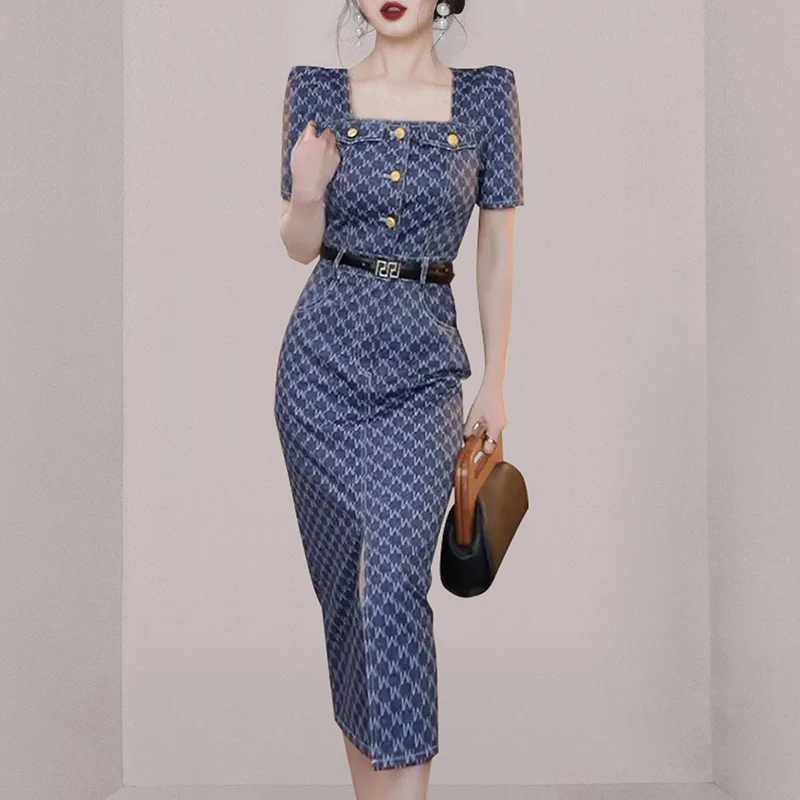 Korean Fashion Summer Short Sleeve Split Temperament Square Collar Midi Length Dress Elegant Woman Party Dresses 2023 with Belt