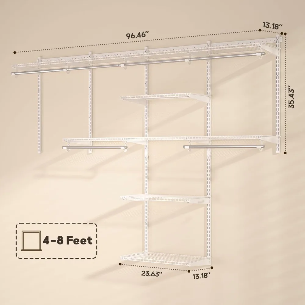 

Free Delivery - Closet Organizer System Wall Mounted, 4-8 Ft. Adjustable and Expandable Metal Wire Shelving , Custom DIY