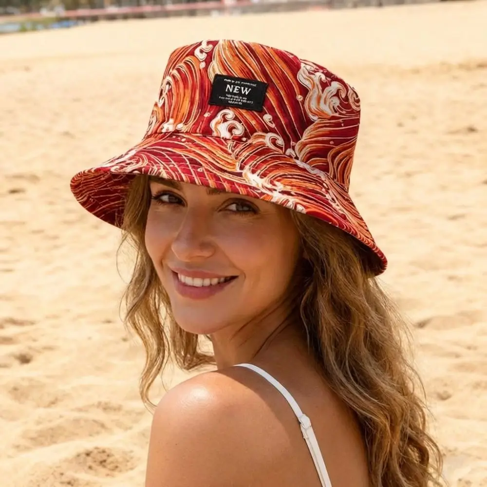 Trendy Packable Reversible Bucket Hat Sea Waves Pattern UV Protection Sun Hat Durable Lightweight Beach Cap For Men Women