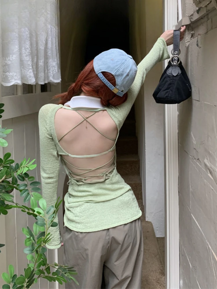 

Y2K винтажная футболка женская Harajuku однотонная облегающая рубашка Ropa Mujer летняя эстетичная фея сексуальные вязаные топы с открытой спиной в стиле гранж новые