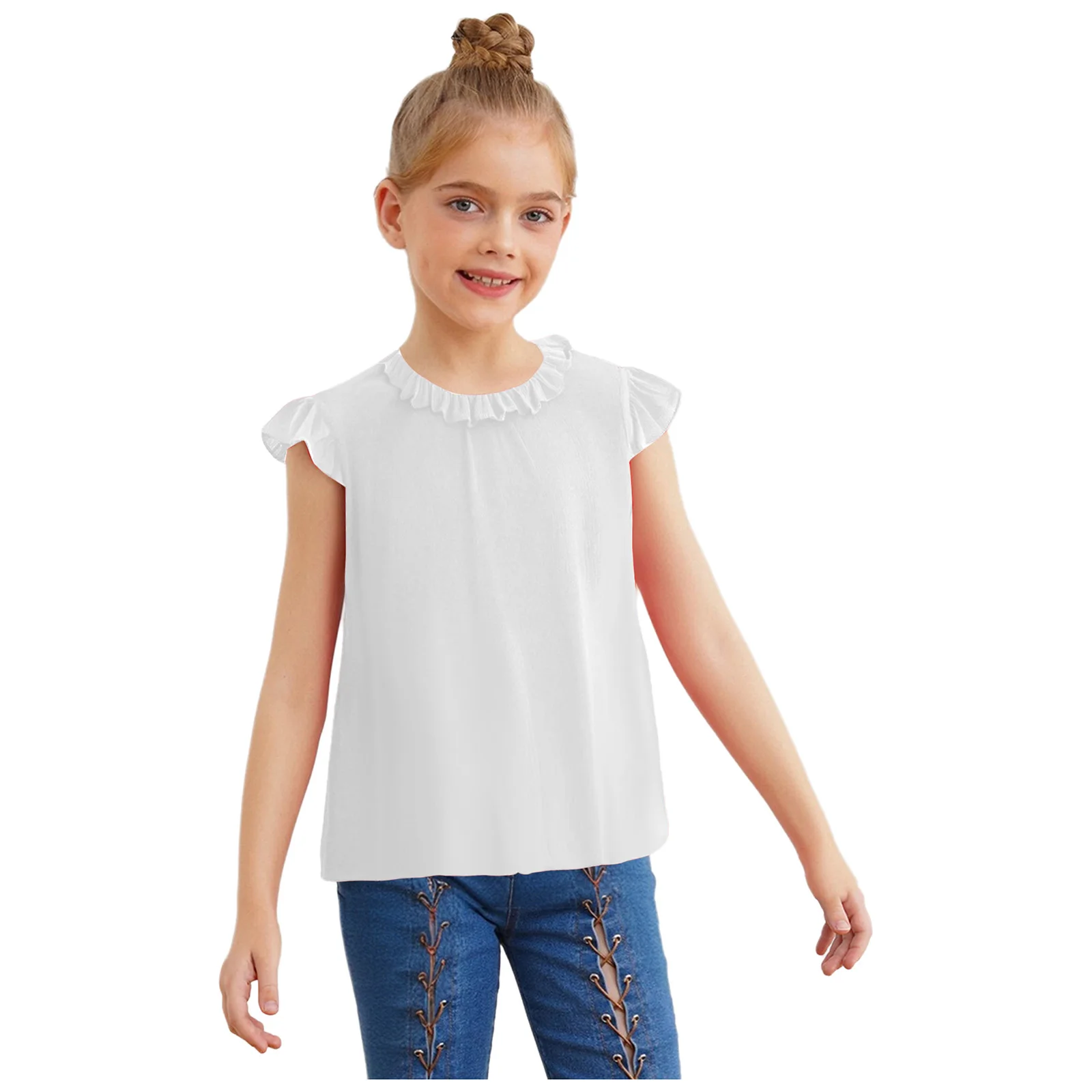 

Kids Girls T-shirt Cute Ruffled Sleeves Frilly Collar Korean Version Blouse Tops for Wedding Party Birthday School Girl Clothes