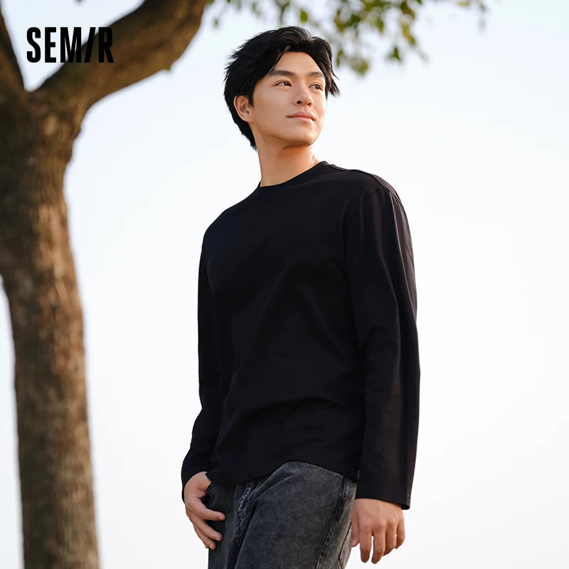 Semir Long-Sleeved T-Shirt Men 2024 Spring New Solid Color Daily Casual Cotton Top Simple And Comfortable Couple Trend Tee