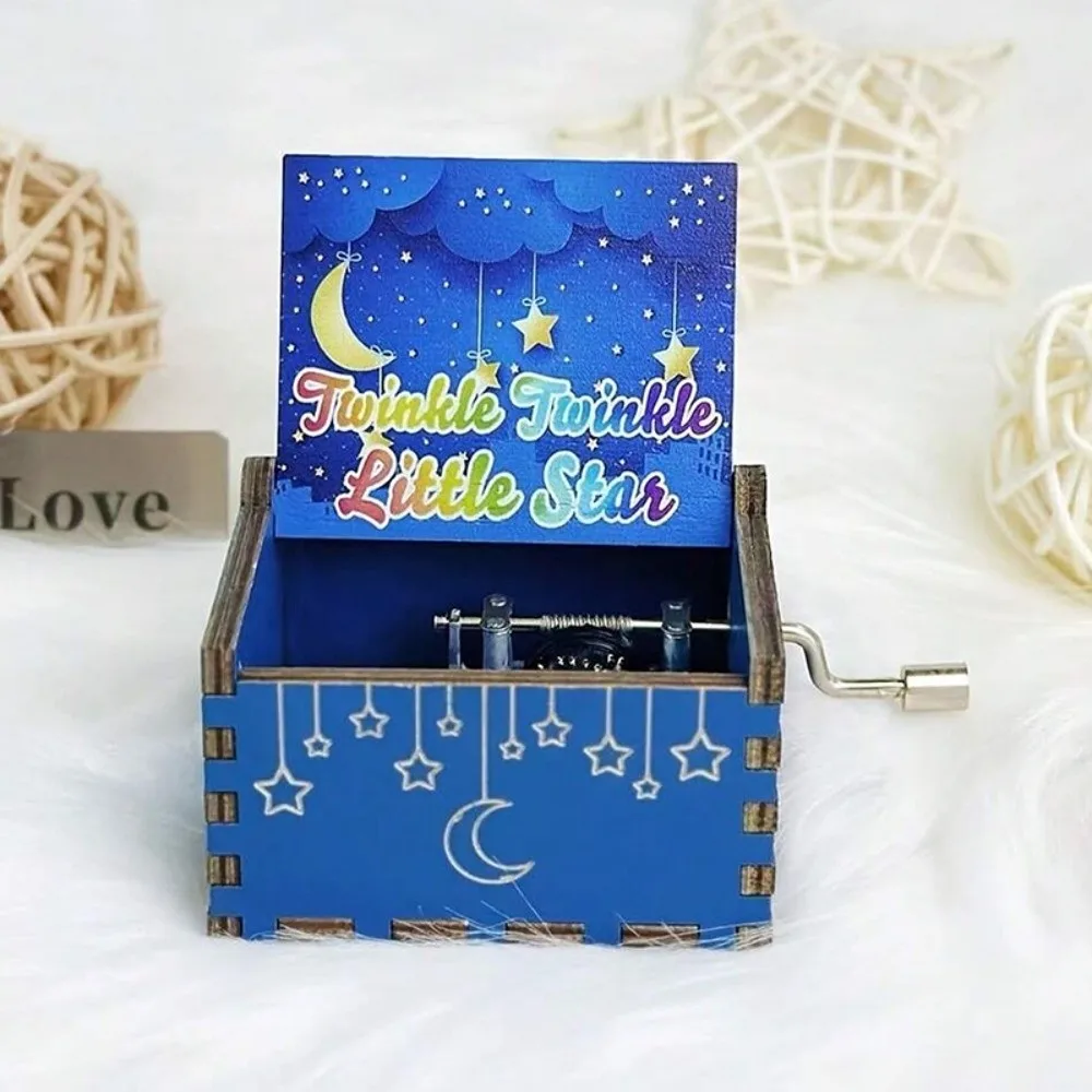 

New Star Wooden Music Box Happy Birthday Classical Carved Musical Box Blue Hand Crank Light Luxury Music Gifts Birthday Gifts