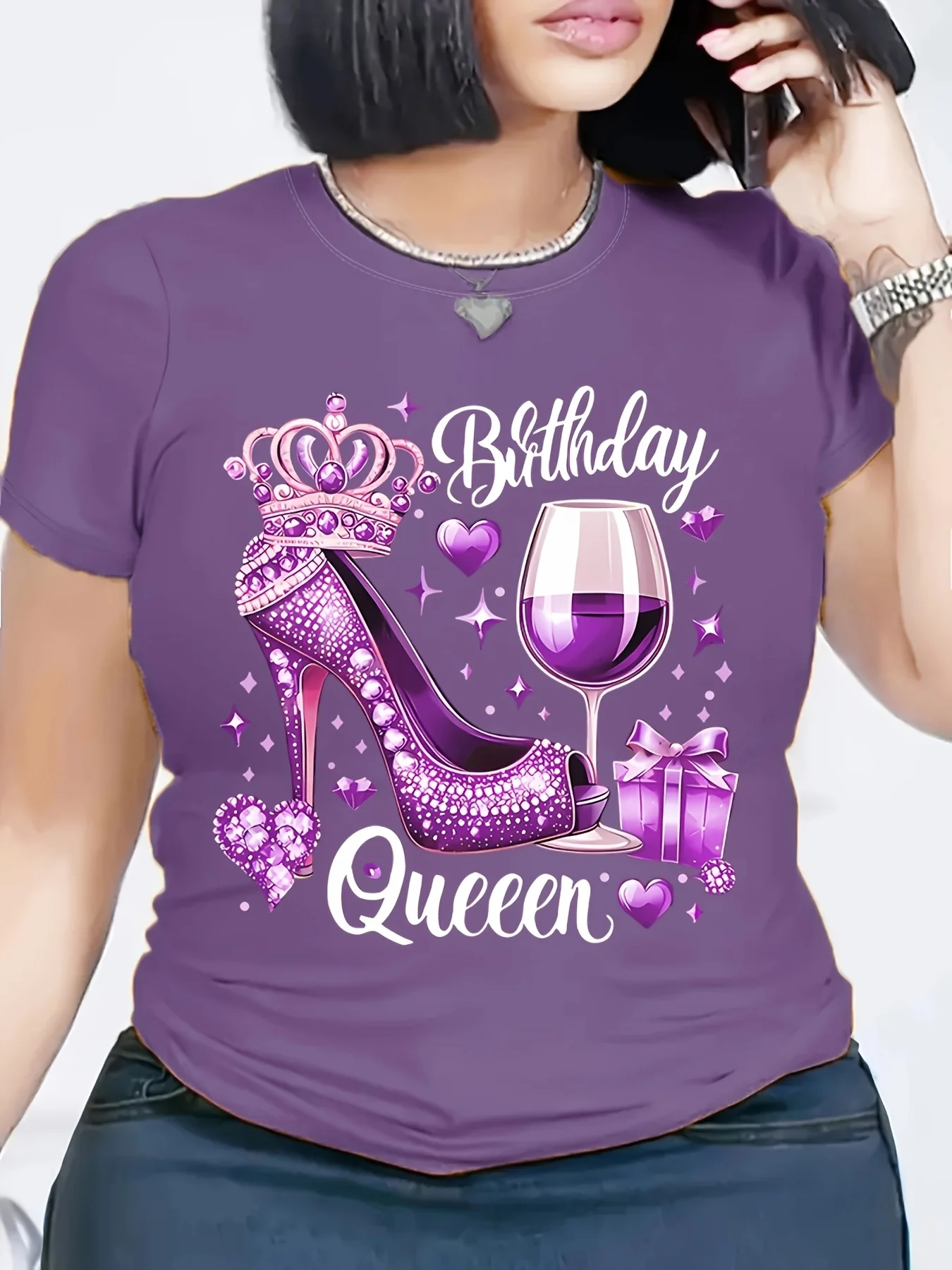 Red Birthday Queen Damen-T-Shirt mit hohen Absätzen und Krone, Weinglas-Muster, lässig, kurzärmelig, Rundhals-T-Shirt, maschinenwaschbar