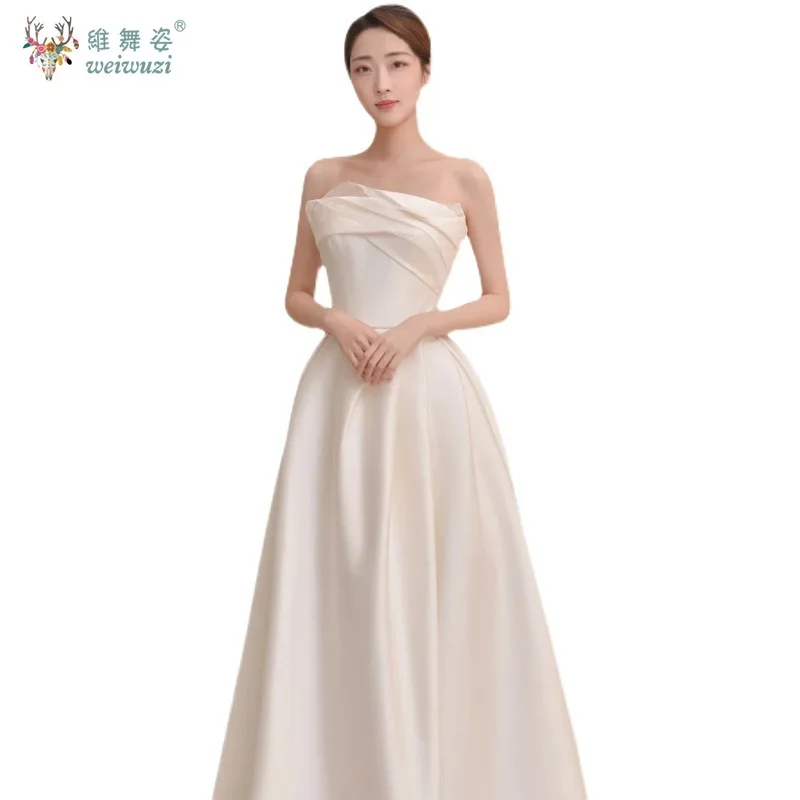 Vestidos de novia de satén blanco de lujo de estilo francés para novia, vestido de novia elegante sencillo sin tirantes sin mangas para banquete