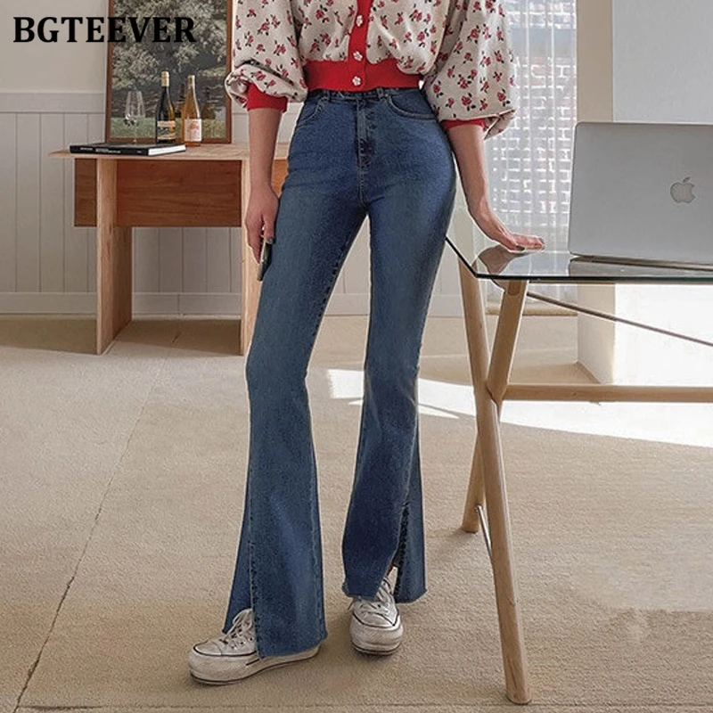 BGTEEVER Streetwear Split Ladies Flare Jeans Pants Vintage High Waist Slim Pockets Women Denim Trousers Summer