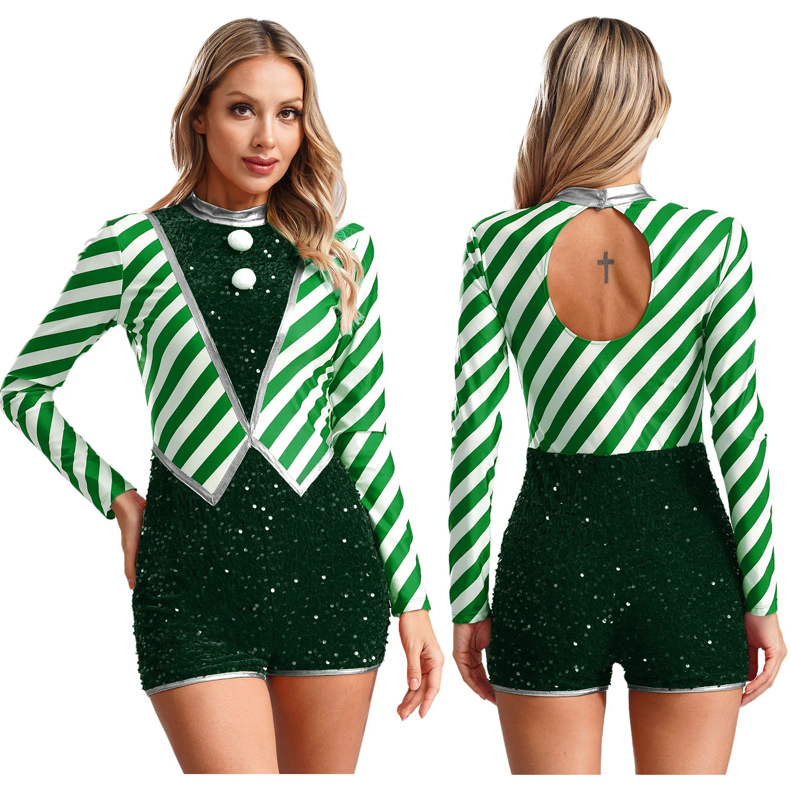 Mono de lentejuelas a rayas con bastón de caramelo de Navidad para mujer, leotardo, disfraz de fantasía de Navidad, patinaje artístico, gimnasia, Ropa de baile de Jazz