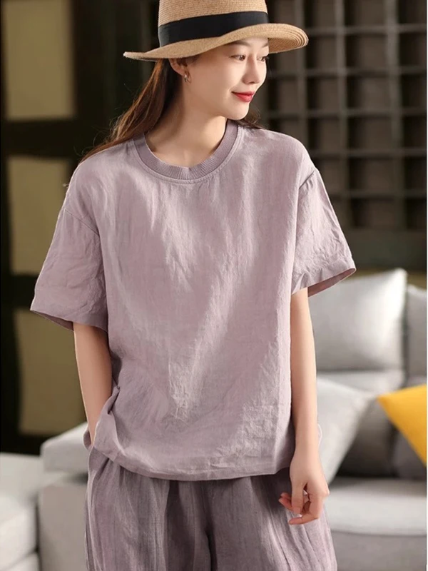 Retro Pure Color Linen T-irt Women Loose Large Size Simple Match Casual ort Sve Top Summer New Arrival 2025