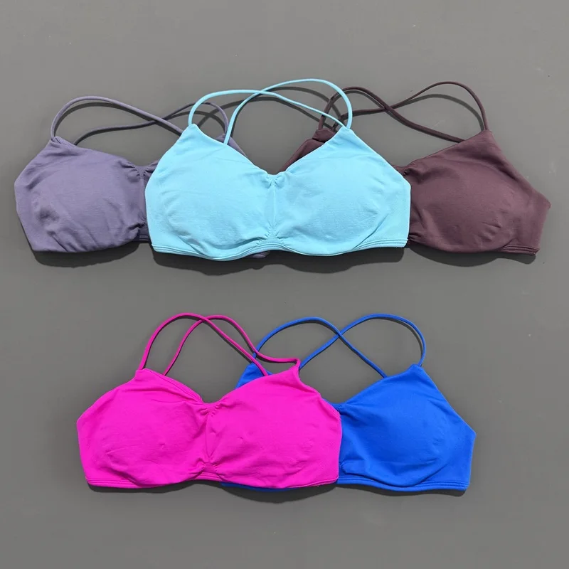 HISTELLO Sports Strappy Bra Women Gym Top Backless Yoga Bra Removable Cups Workout Clothing Seamless Bras Scrunch Fintess Tank