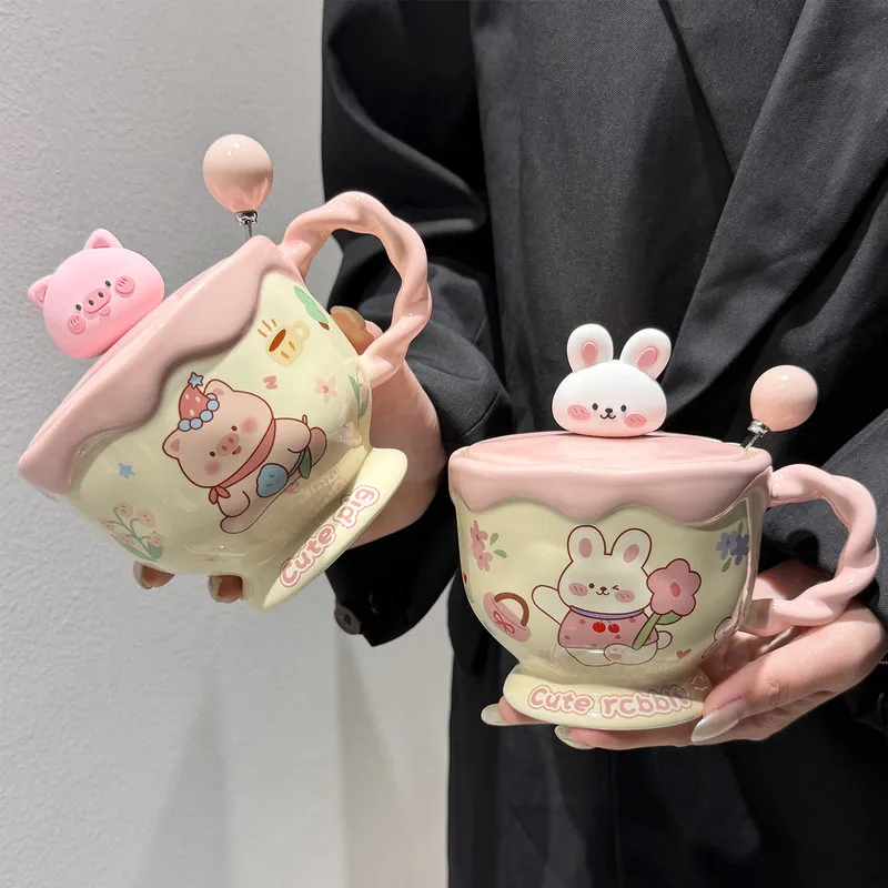 Cute Healing Rabbit Ceramic Mug With Lid And Spoon Cartoon Water Cup Office Coffee Cup Gift 450ml
