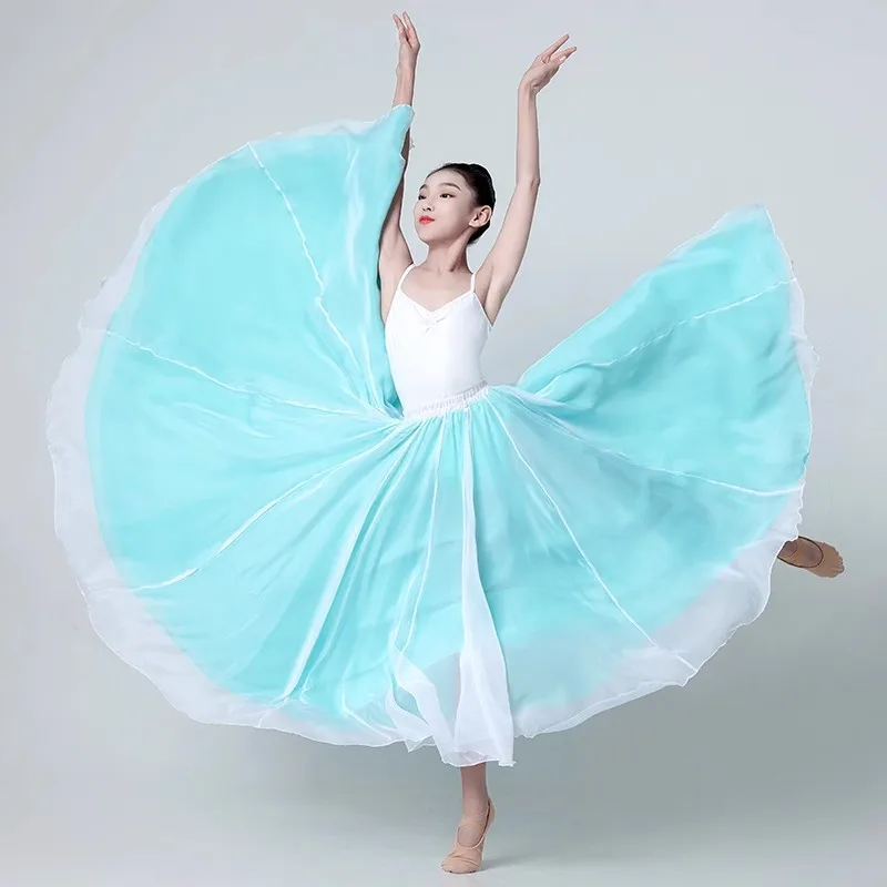 Trajes de baile flamenco verde de 720 grados, falda larga de baile de salón de doble capa para mujer, traje de actuación de danza clásica española