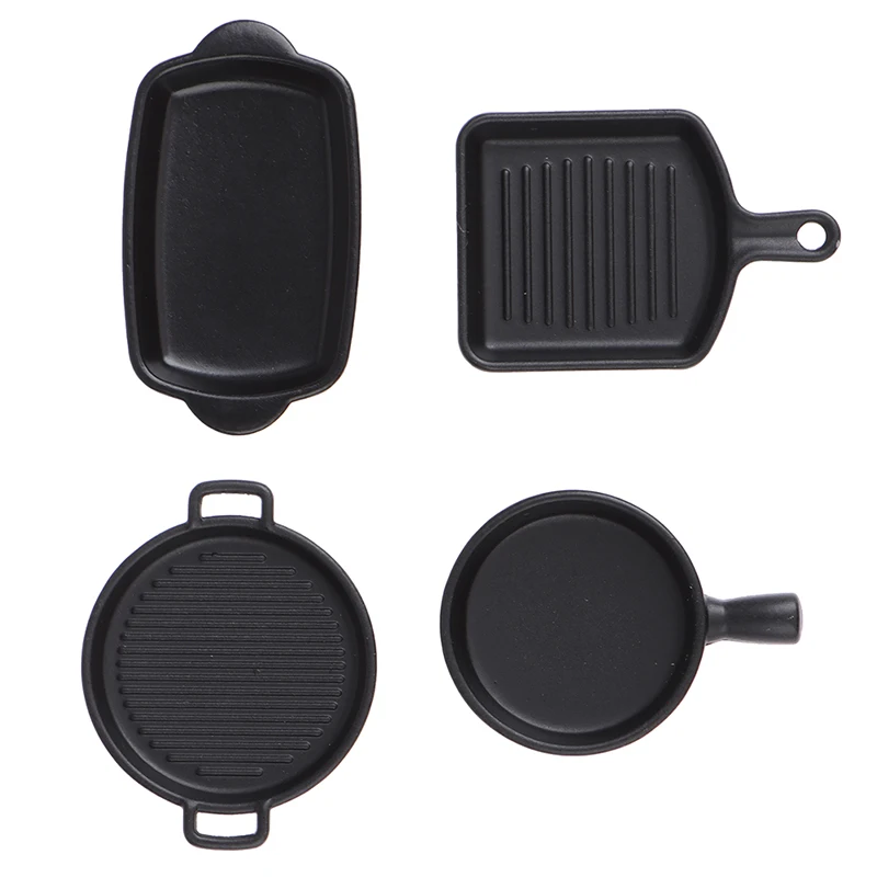 1set(4pcs) 1/12 Black Miniature Dollhouse Dish Plate Pretend Play Kitchen Cooking Toy Set