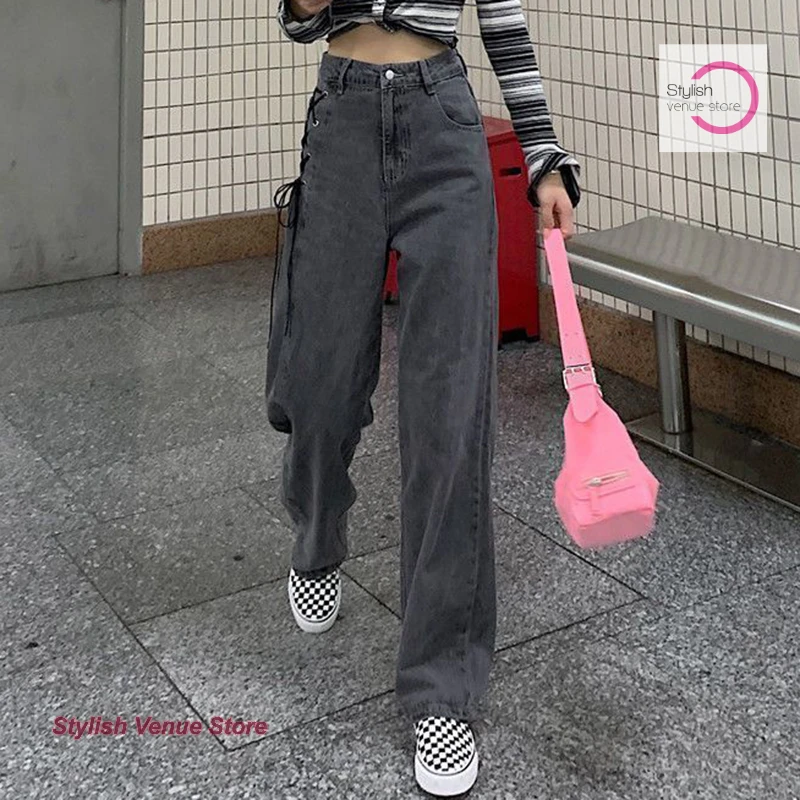 Koreaanse stijl rokerige grijze jeans met bandjes spice meisjes lente en herfst nieuwe losse wijde pijpen veelzijdige rechte design casual broek.