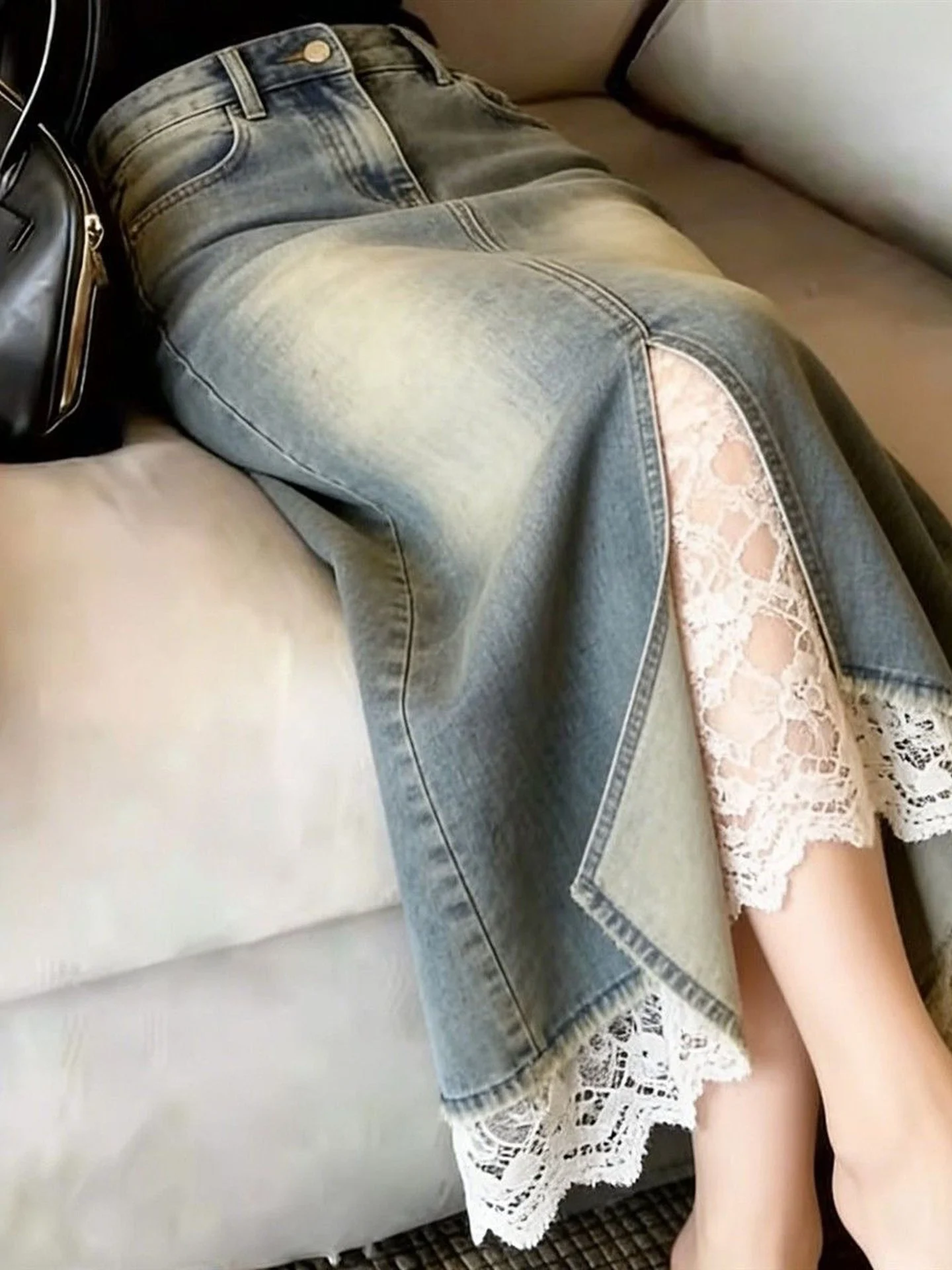 Blue Lace Splice Denim Midi Skirt Women's Fashion Spring Autumn New Style High Waist Zipper Straight Cut Casual Skirt