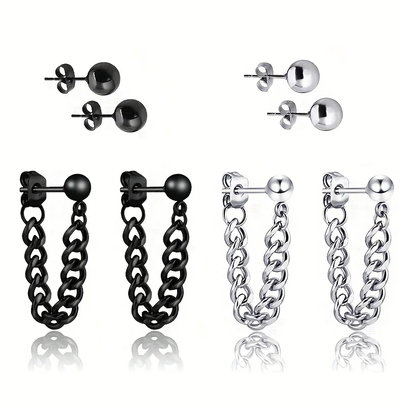 1/4 Pairs Of Stainless Steel Black Silver Color Earrings, Punk Fashion Unisex Earrings Set For Men And Women Ear Buckle Gifts